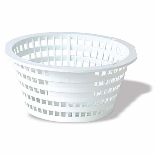 The Olympic SKimmer (ACM88) Basket, white and round with open plastic slats, is placed on a white background, casting a shadow to the right.