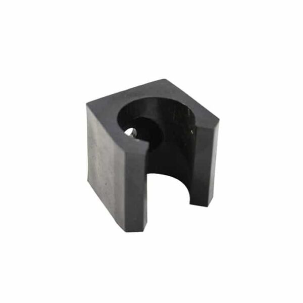 A small, black REPLACE PLASTIC CUE CLIP with a round central hole and a U-shaped cutout, likely used as a mounting or hardware component.