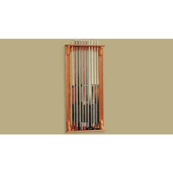 The Cue Rack-Heritage Wall 42 Traditional Oak is a wooden wall-mounted rack with a simple rectangular design that holds several pool cues vertically, keeping them organized and neatly displayed against the wall.