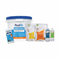The Bromine-10,000 Gallon Kit includes a large Bromine Advance bucket, alkalinity and pH increaser pouches, a sanitizer sample, and two clarifier bottles for complete pool care.