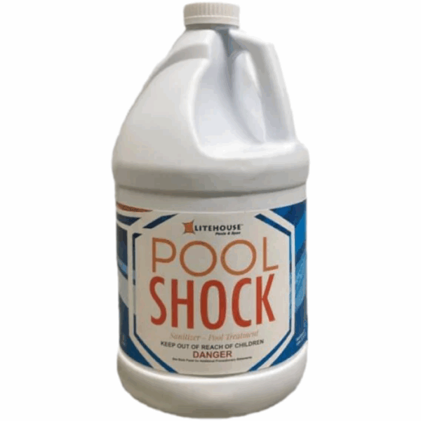 A large white plastic gallon jug labeled LIQUID CHLORINE 1 GALLON, used as a pool sanitizer and treatment, with warnings including keep out of reach of children and danger on the label.
