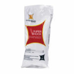 A 1lb white bag of Litehouse Super Shock pool treatment features a red and yellow design, labeled as a non-chlorine shocking agent. Safety warnings and usage details are printed in black text.