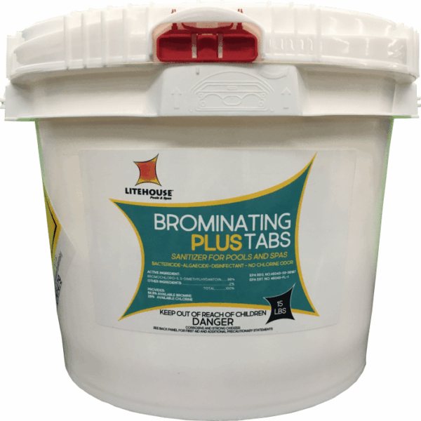 A 15lb container of Litehouse Bromine Plus Tablets, a pool and spa sanitizer with a teal and yellow label and a red-and-white child-proof lid.