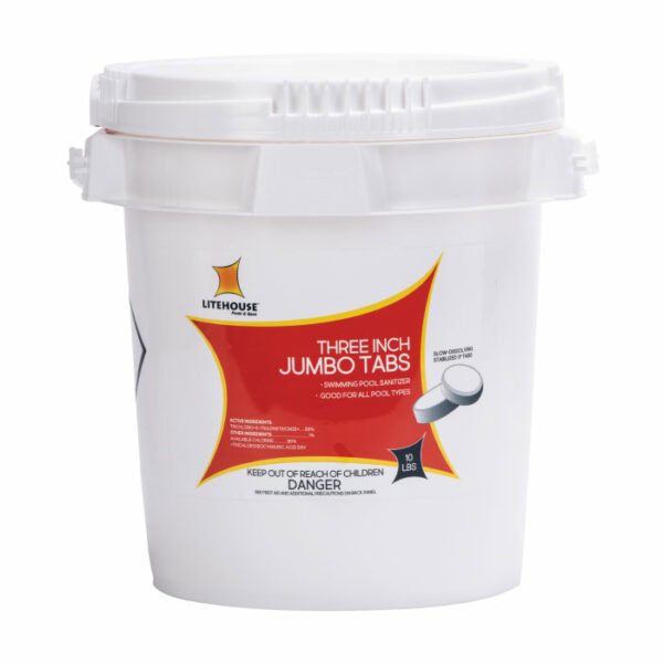 A white plastic bucket labeled Litehouse Chlorine Tablets Large 10lb for pool sanitation, featuring a red and yellow label, white handle, and a warning to keep out of reach of children.