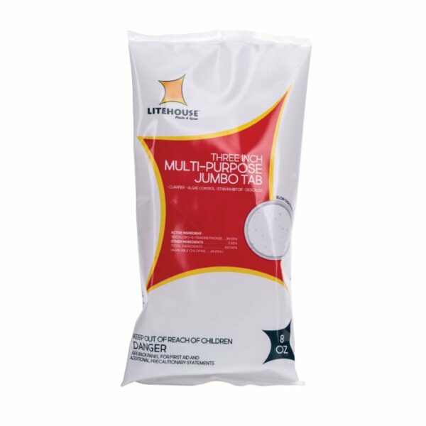 A white plastic bag labeled Litehouse Multi-Purpose Tablet Large 8oz. contains a chlorine tablet for pools, featuring hazard warnings and red, yellow, and black accents on the packaging.