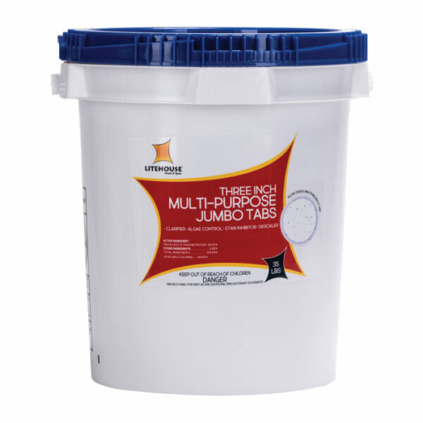 A white plastic bucket with a blue lid labeled “Litehouse Multi-Purpose Tablet Large 35Lb.” for pools; the label lists usage details and the weight of 35 lbs.