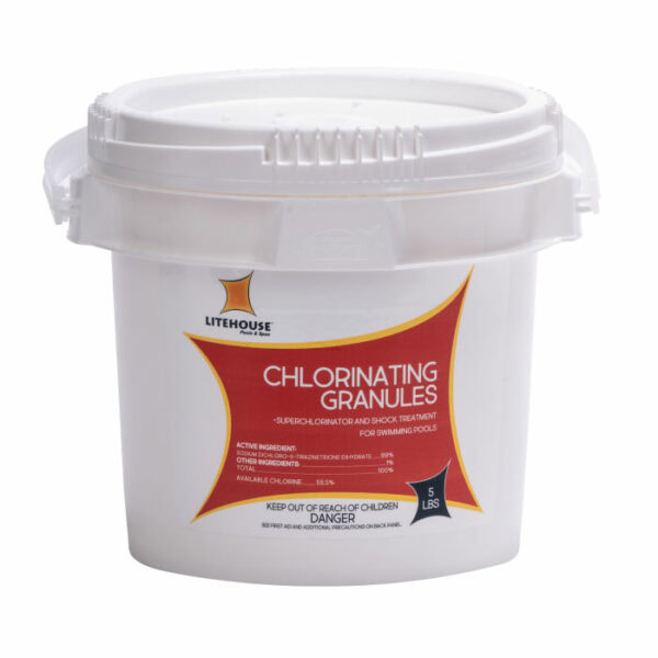 A 5lb white plastic container of Litehouse Chlorinating Granules for swimming pools, featuring a red and yellow label listing active ingredients and safety warnings.