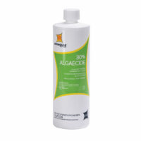 A white bottle of Litehouse Algaecide 30% Qt. with a green and yellow label, formulated to kill and prevent pool algae. The label provides usage instructions and safety warnings.