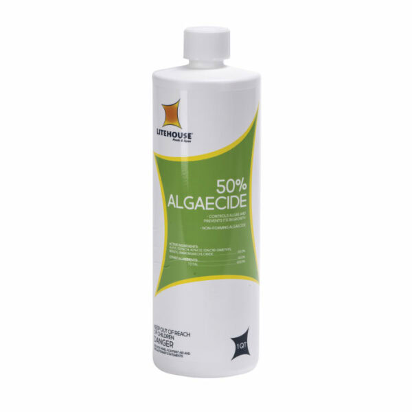 A 1-quart white bottle labeled Litehouse Algaecide 50% Qt. features a green and yellow design, includes safety warnings near the bottom, and is used to control algae in water.