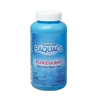 A blue 1.5 lb bottle of BAQUACIL Flocculant, labeled chlorine-free, clears pool water haze. The bottle features white and pink text with water droplets in the background.