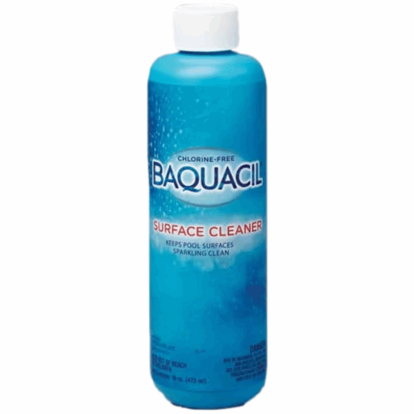 A blue 16oz bottle of BAQ SURFACE CLEANER with a white cap. The label reads Chlorine-Free Baquacil Surface Cleaner—Keeps Pool Surfaces Sparkling Clean.