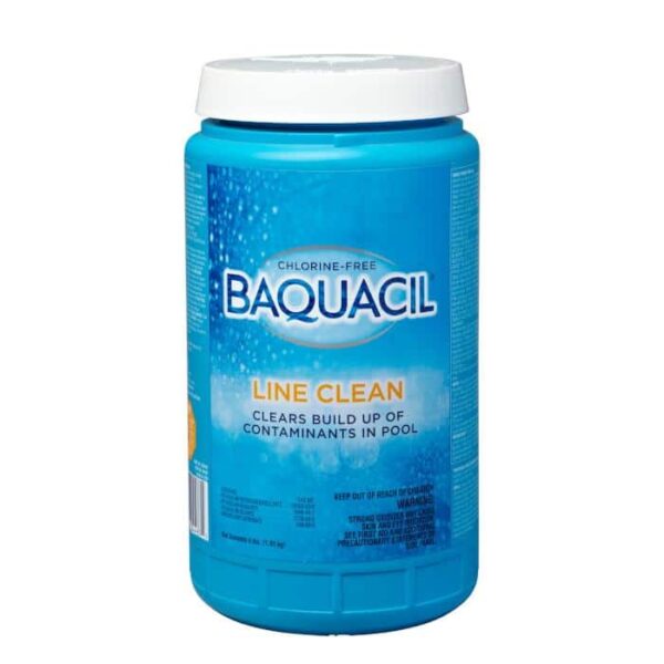 A blue 4lb container of BAQUACIL LINE CLEAN, a chlorine-free pool cleaner for removing contaminants, with a white cap and a blue label featuring product details.