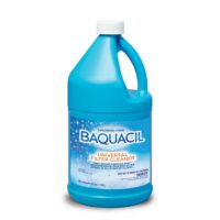 A blue plastic gallon jug labeled BAQ UNIVERSAL FILTER CLEANER, featuring a handle and cap, is used to clean pool filters; its label notes it is chlorine-free.
