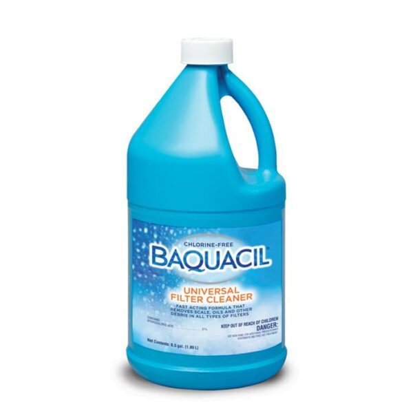 A blue plastic gallon jug labeled BAQ UNIVERSAL FILTER CLEANER, featuring a handle and cap, is used to clean pool filters; its label notes it is chlorine-free.