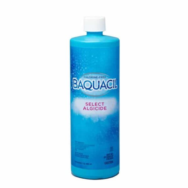 A blue plastic quart bottle of BAQUACIL Select Algicide, a chlorine-free pool chemical, with a white cap and product label printed on the bottle.