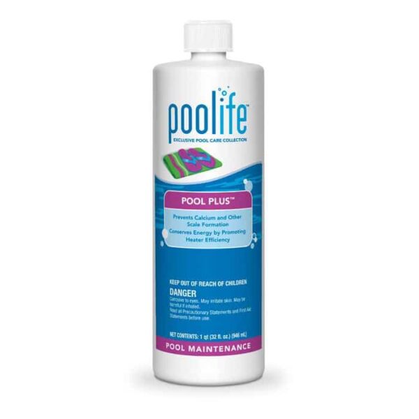 A white bottle of Poolife Pool Plus - Quart pool maintenance solution with a blue and purple label featuring scale prevention and energy conservation benefits. The bottle contains 32 fl oz.