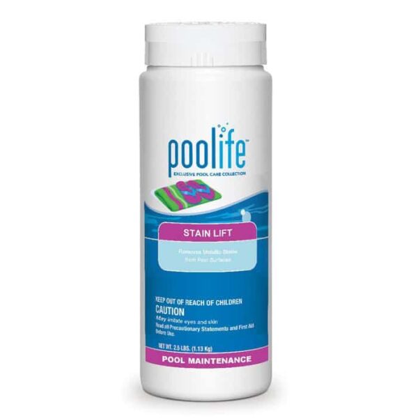 A white canister of Poolife Stain Lift 2.5 Lbs. pool maintenance powder with a blue and white label showing caution info and a floating pool tablet image.