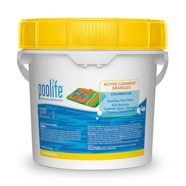 A white plastic bucket labeled Poolife Active Cleaning Granules 25 Lb with a yellow lid, featuring blue and orange graphics and text about pool sanitization and cleaning benefits.