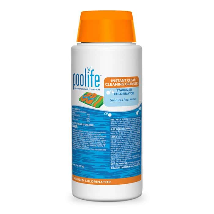 A 5 lb white bottle of Poolife Instant Clear Cleaning Granules Stabilized Chlorine with an orange cap and blue label, used to sanitize pool water.