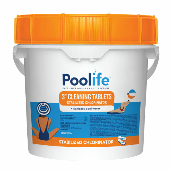 A white plastic bucket with an orange lid labeled “Poolife Cleaning Tabs Large 25 Lbs.” The label shows a pool scene with a woman in a swim cap and swimsuit sitting by the water.