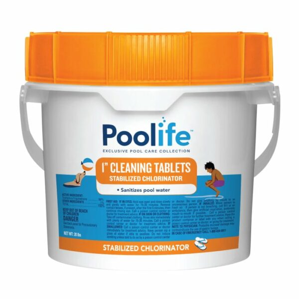 A white bucket with an orange lid labeled Poolife Cleaning Tabs Small 20 Lbs. for sanitizing pool water, featuring blue graphics and safety warnings.