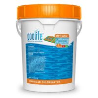 A white plastic bucket with an orange lid labeled “Poolife Multi Purpose Tablets Extra - 35 Lbs.,” featuring blue graphics and pool care info on the front.