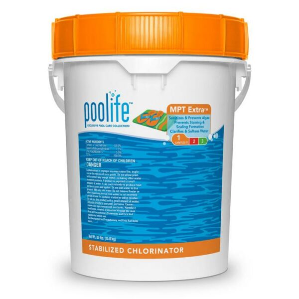 A white plastic bucket with an orange lid labeled “Poolife Multi Purpose Tablets Extra - 35 Lbs.,” featuring blue graphics and pool care info on the front.