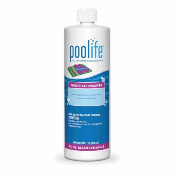 A white bottle labeled POOLIFE PHOSPHATE REMOVER QT with blue and purple accents, featuring pool safety instructions and a colorful float image, used for removing phosphates from pool water for effective maintenance.