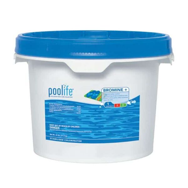 White container with blue lid labeled Poolife Bromine Plus - 25lb., a stabilized chlorinator for pool water treatment; label includes usage instructions and safety warnings.