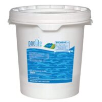 A 50lb white plastic bucket labeled Poolife Bromine Plus, featuring a blue label with pool graphics, used as a brominating sanitizer for pools.