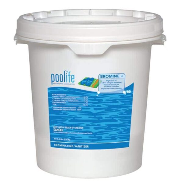 A 50lb white plastic bucket labeled Poolife Bromine Plus, featuring a blue label with pool graphics, used as a brominating sanitizer for pools.