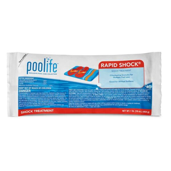 A white 1 lb packet labeled SHOCK - POOLIFE RAPID, with blue and red text, pool float image, and safety info. Net weight: 16 oz (454 g).