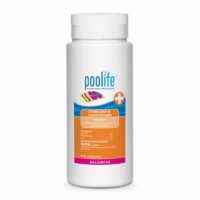 A white 1.75 lb container of Poolife Stabilizer & Conditioner features pool float graphics and orange text on the label. It helps prevent chlorine loss in swimming pool water.