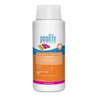 A white bottle of Poolife Stabilizer & Conditioner 4 Lb with an orange label features a floating pool mat graphic and product details on the front.