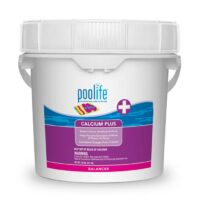A white plastic container labeled POOLIFE CALCIUM PLUS 25# with a blue and purple design, used to raise calcium hardness in pools. The label lists usage benefits and warns to keep out of reach of children.