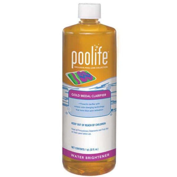 A 1-quart (32 fl. oz.) clear plastic bottle of Poolife Gold Medal Clarifier, a pool water brightener, featuring colorful graphics and safety warnings on the label.