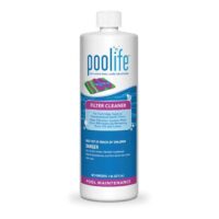 A white bottle of Poolife Filter Cleaner - Quart, labeled for pool maintenance, features a colorful pool float image and contains 1 quart (32 fl. oz.) of cleaner.