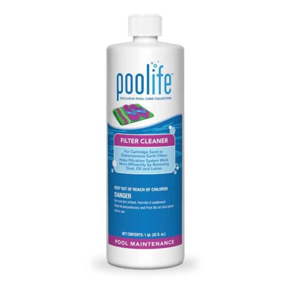 A white bottle of Poolife Filter Cleaner - Quart, labeled for pool maintenance, features a colorful pool float image and contains 1 quart (32 fl. oz.) of cleaner.