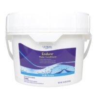 A white plastic tub of Endure Water Conditioner 20#, labeled Multi-Action with a blue and purple label, 20 lbs (9.1 kg); features a handle and safety warnings at the bottom.