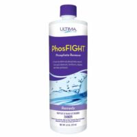 A 32-ounce bottle of ULTIMA PHOSFIGHT PLUS with a purple cap and label, featuring water splash graphics and details for eliminating phosphates from pools.