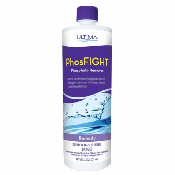 A 32-ounce bottle of ULTIMA PHOSFIGHT PLUS with a purple cap and label, featuring water splash graphics and details for eliminating phosphates from pools.