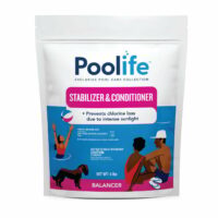 A white 4 lb bag of Poolife Conditioner & Stabilizer shows colorful poolside illustrations and highlights protection against chlorine loss and sunlight.