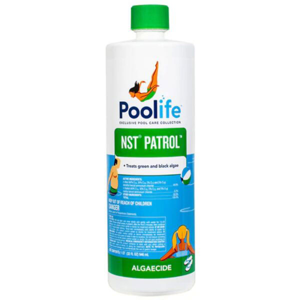 A bottle of poolife NST PATROL with a green cap and label displays swimmer illustrations and states it treats green and black algae.
