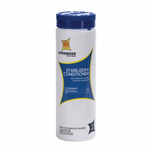 A white and blue cylindrical container of Litehouse Stabilizer Conditioner 1.75Lb. for pools and spas, with product details on the label and a caution to keep out of reach of children.