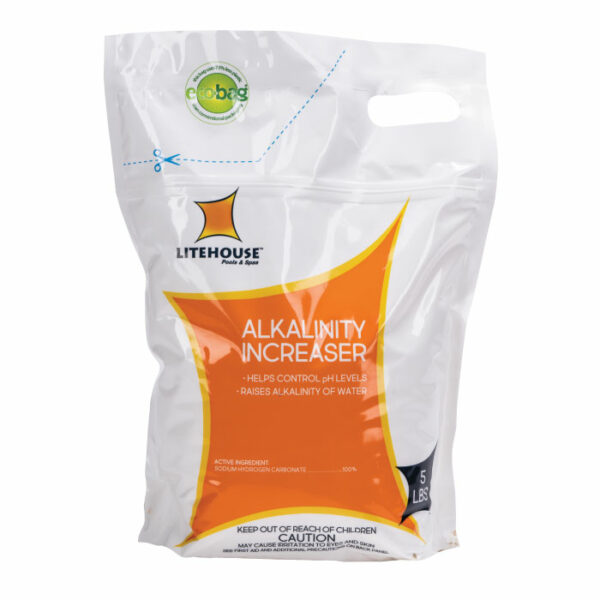 A 5 lb white and orange bag of Litehouse Alkalinity Increaser with a handle, labeled to help control pH and raise water alkalinity, plus caution warnings at the bottom.