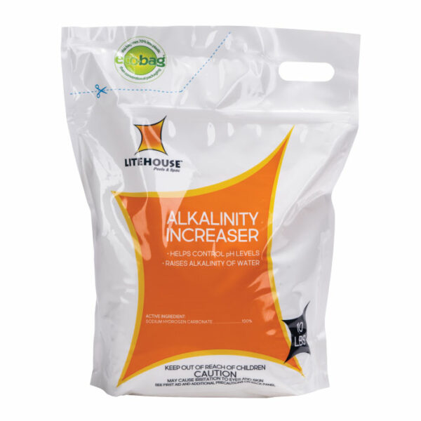The Litehouse Alkalinity Increaser 10lb. is packaged in a white and orange bag with a handle, eco-bag label, and product info on the front. Its designed for raising water alkalinity.