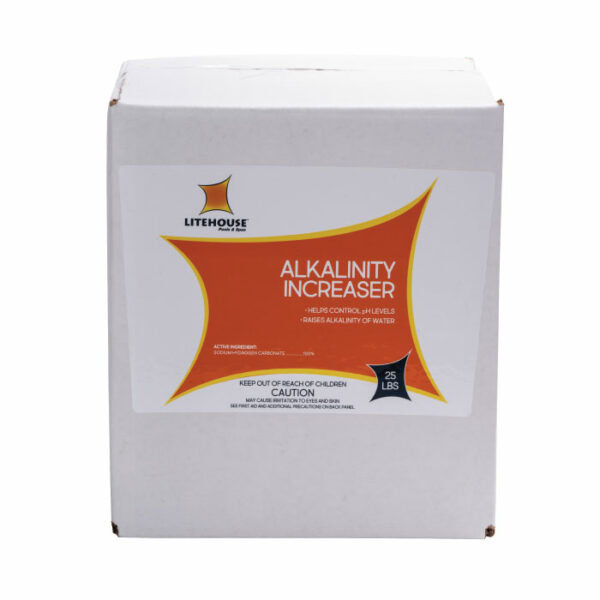 A white 25lb. box of Litehouse Alkalinity Increaser with orange accents is labeled to help control pH and raise water alkalinity.