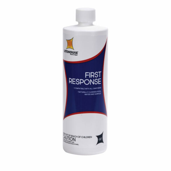 A white bottle labeled Litehouse First Response Qt. for pool water and surface cleaning; compatible with all sanitizers. Keep out of reach of children.