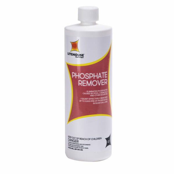 A white bottle labeled Litehouse Phosphate Remover 3X Qt. with red and yellow accents, designed to eliminate phosphates in pools and spas. Features precautionary text and a white cap.