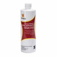 A white bottle of Litehouse Extra Strength Phosphate Remover Qt. with a red and yellow label, product details, and a warning to keep out of reach of children.